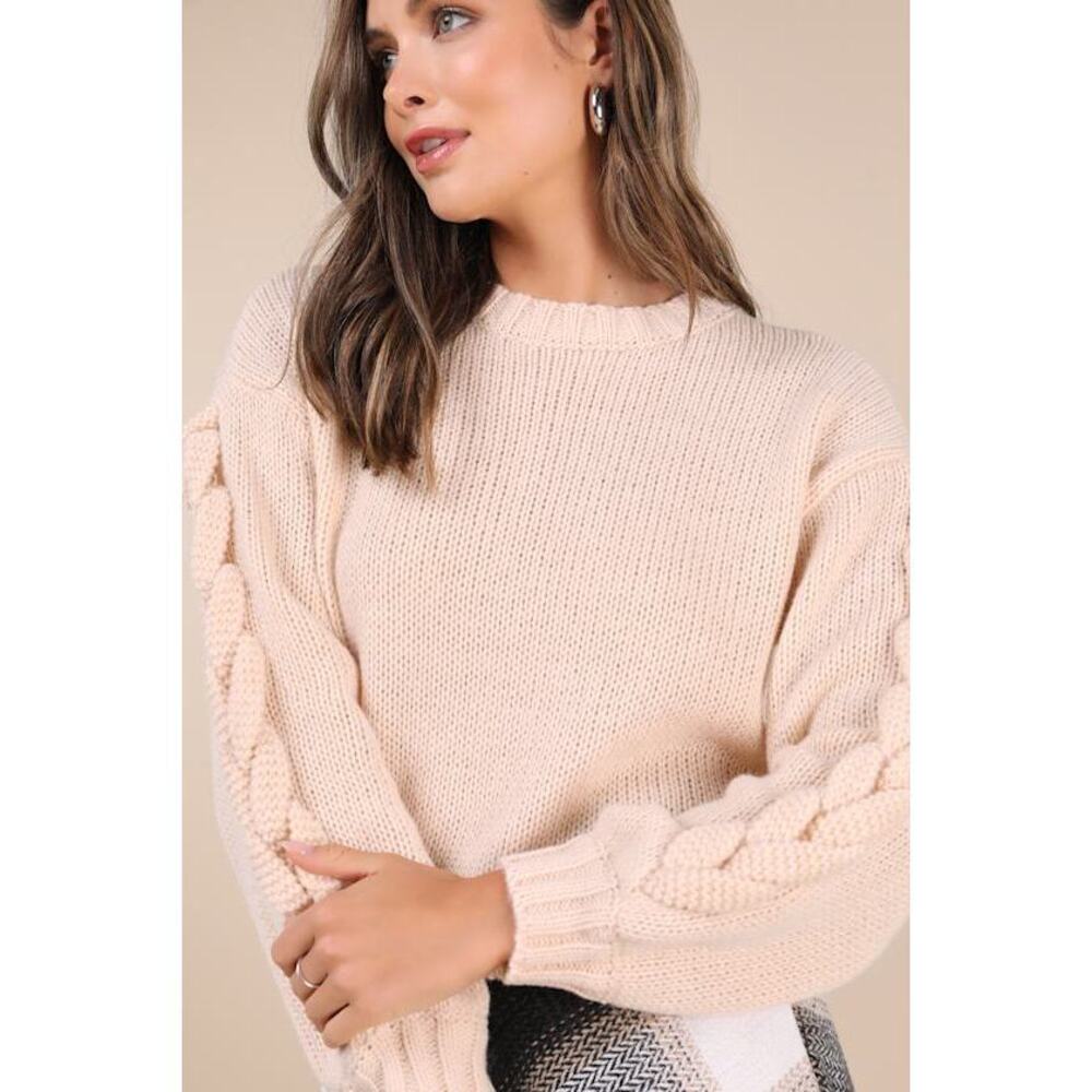 Lulus Playful Comfort Cream Cable Knit Crew Neck Pullover Sweater White - Size L